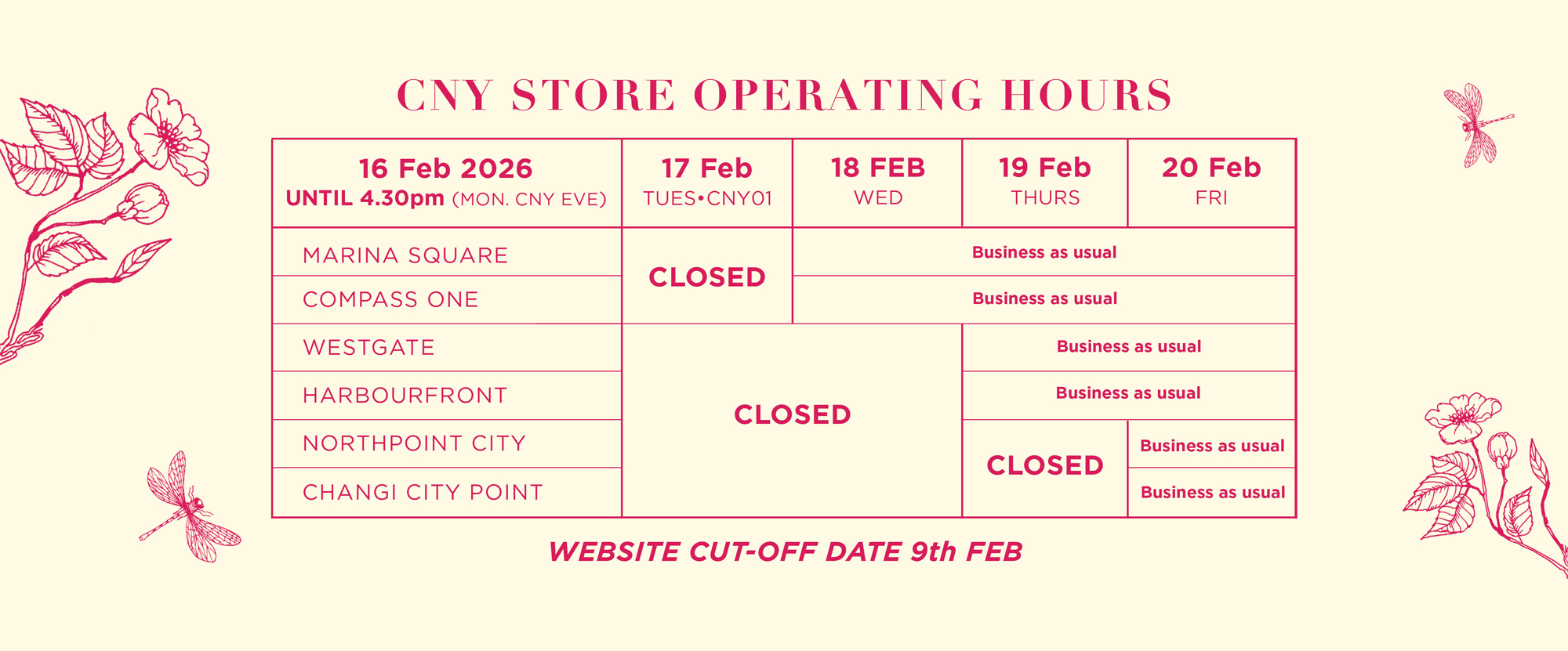 CNY 2026 store operating hrs