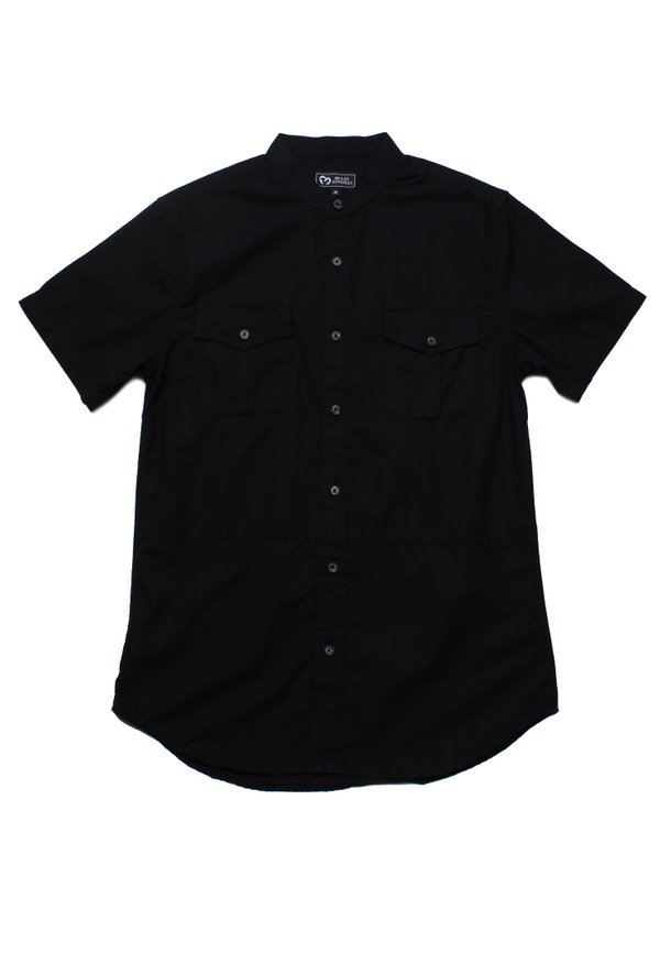 Brushed Cotton Mandarin Collar Short Sleeve Shirt BLACK (Men's Shirt)