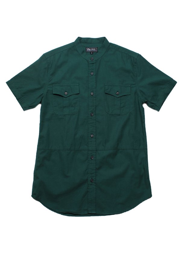 Brushed Cotton Mandarin Collar Short Sleeve Shirt GREEN (Men's Shirt)