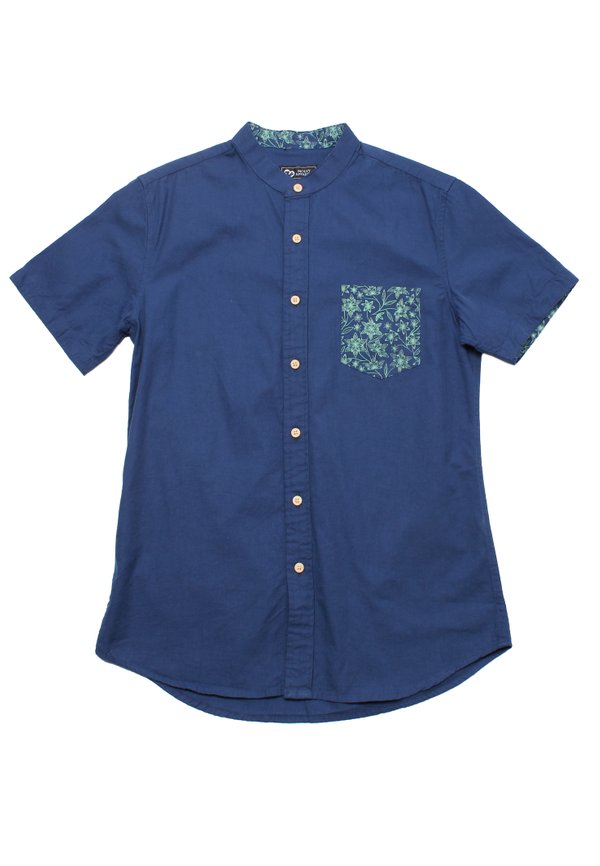 Floral Print Pocket Mandarin Collar Short Sleeve Shirt NAVY (Men's Shirt)