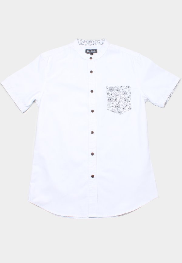 Floral Print Pocket Mandarin Collar Short Sleeve Shirt WHITE (Men's Shirt)