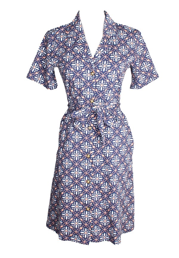 Peranakan Inspired Print Button Down Dress NAVY (Ladies' Dress)