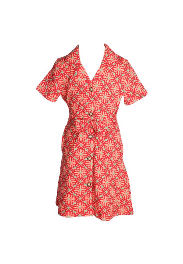 Peranakan Inspired Print Button Down Dress RED (Girl's Dress)