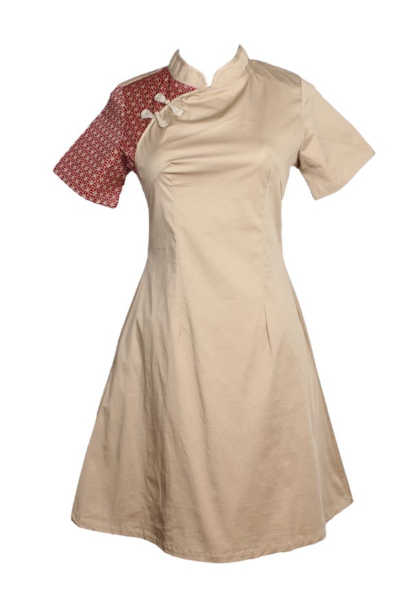 Motif Detailed Twill Cheongsam Inspired Dress KHAKI (Ladies' Dress)