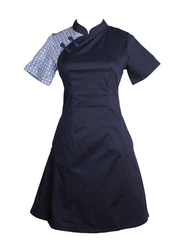 Motif Detailed Twill Cheongsam Inspired Dress NAVY (Ladies' Dress)