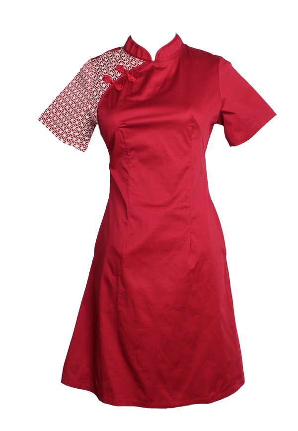 Motif Detailed Twill Cheongsam Inspired Dress RED (Ladies' Dress)