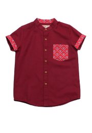 [PRE-ORDER] Pineapple Oriental Print Pocket Mandarin Collar Short Sleeve Boy's Shirt RED