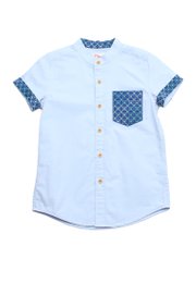 [PRE-ORDER] Kueh Bangkit Print Pocket Mandarin Collar Short Sleeve Boy's Shirt BLUE