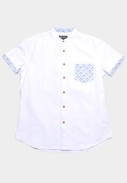 [PRE-ORDER] Pineapple Oriental Prints Print Pocket Mandarin Collar Short Sleeve Men's Shirt WHITE