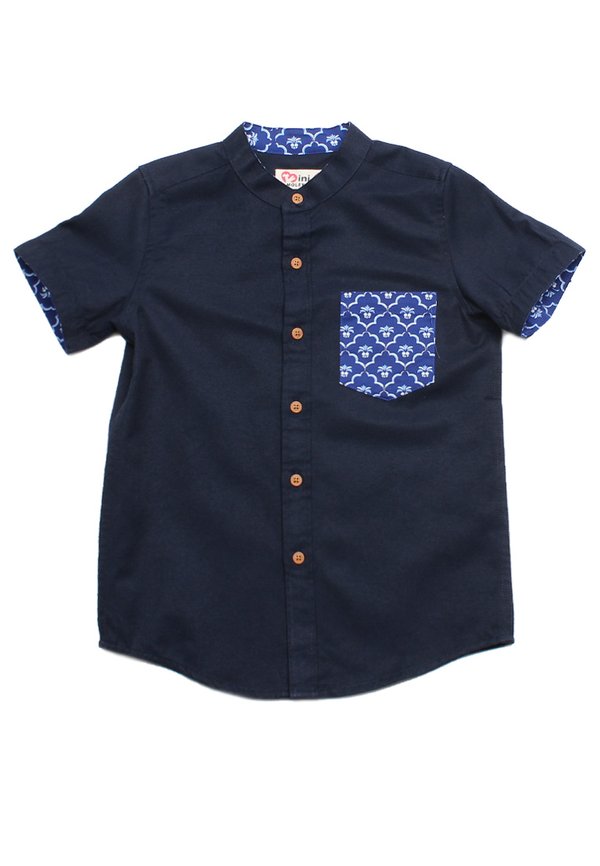 Pineapple Oriental Print Pocket Mandarin Collar Short Sleeve Boy's Shirt NAVY