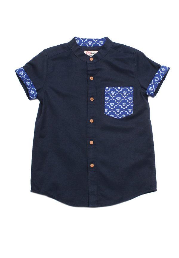 Pineapple Oriental Print Pocket Mandarin Collar Short Sleeve Boy's Shirt NAVY