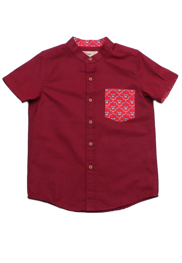 Pineapple Oriental Print Pocket Mandarin Collar Short Sleeve Boy's Shirt RED