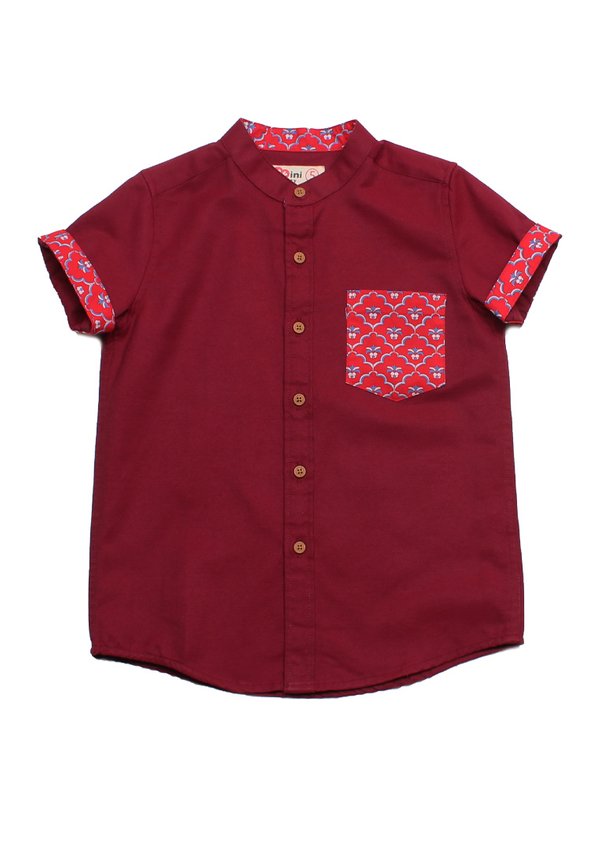 Pineapple Oriental Print Pocket Mandarin Collar Short Sleeve Boy's Shirt RED