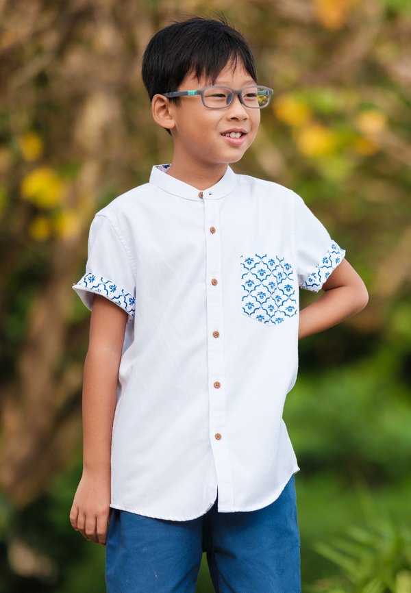 Pineapple Oriental Print Pocket Mandarin Collar Short Sleeve Boy's Shirt WHITE