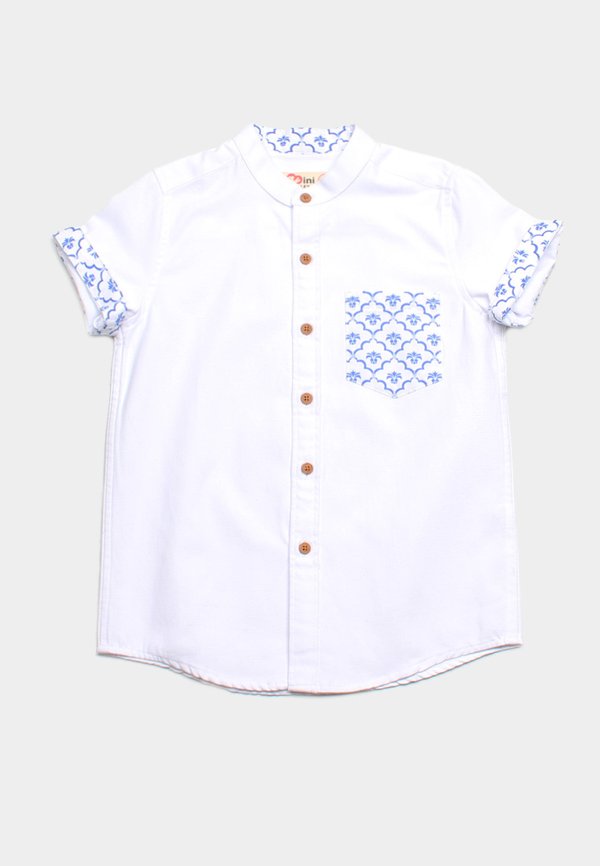 Pineapple Oriental Print Pocket Mandarin Collar Short Sleeve Boy's Shirt WHITE