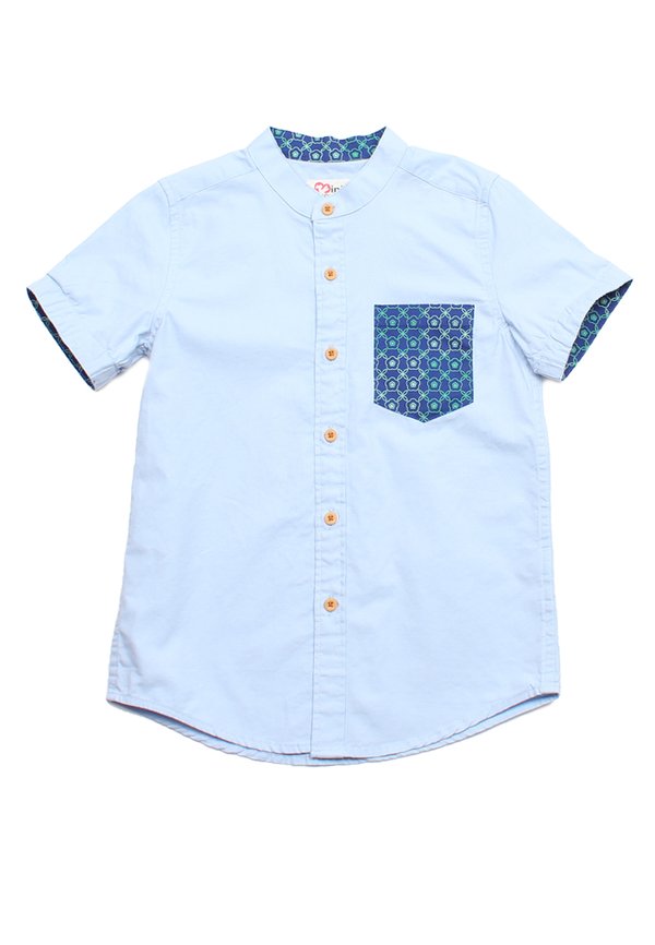 [PRE-ORDER] Kueh Bangkit Print Pocket Mandarin Collar Short Sleeve Boy's Shirt BLUE