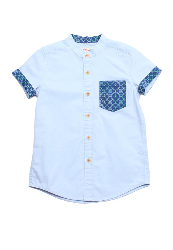 Kueh Bangkit Print Pocket Mandarin Collar Short Sleeve Boy's Shirt BLUE