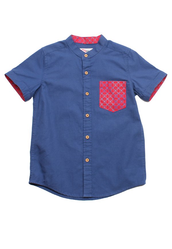 Kueh Bangkit Print Pocket Mandarin Collar Short Sleeve Boy's Shirt NAVY