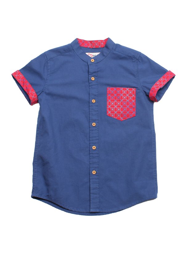 Kueh Bangkit Print Pocket Mandarin Collar Short Sleeve Boy's Shirt NAVY