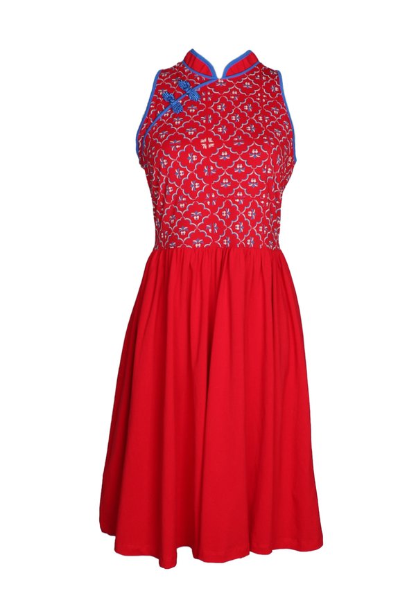 Pineapple Oriental Print Cheongsam Inspired Ladies' Dress RED