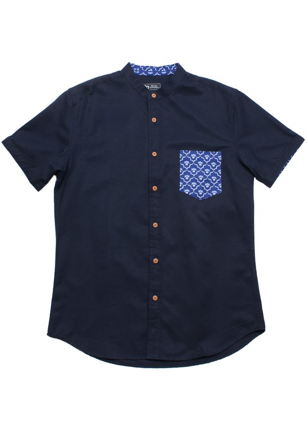 Pineapple Oriental Print Pocket Mandarin Collar Short Sleeve Men's Shirt NAVY