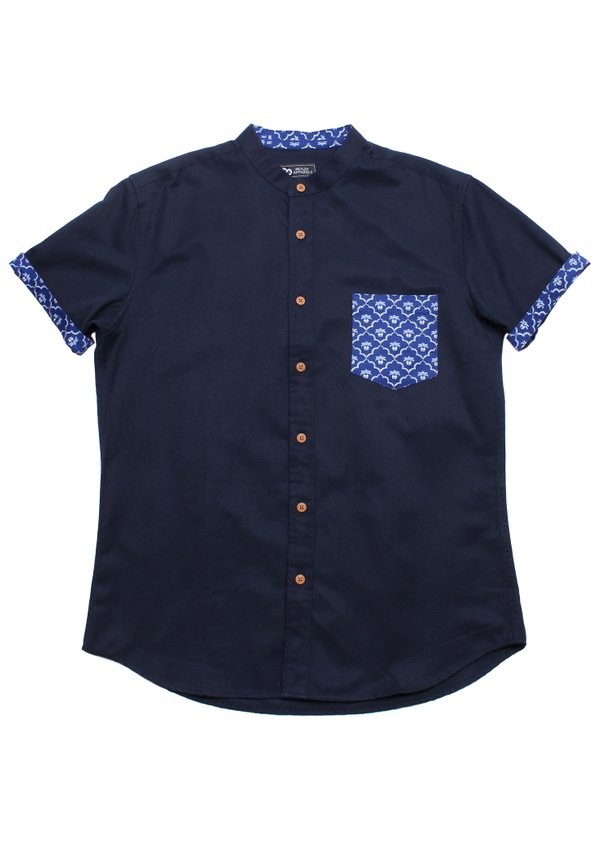 Pineapple Oriental Print Pocket Mandarin Collar Short Sleeve Men's Shirt NAVY