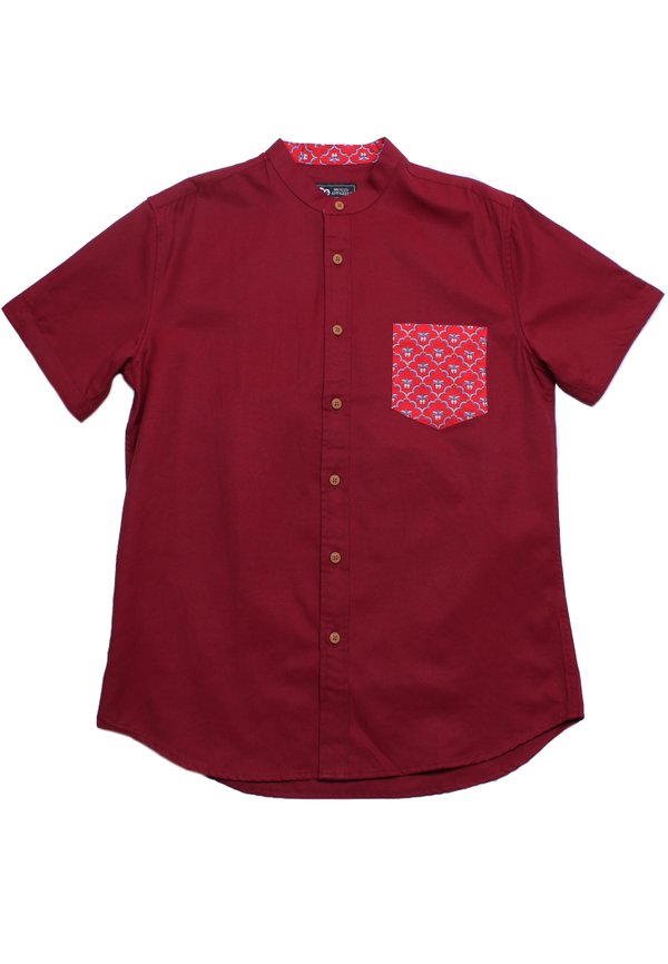 [PRE-ORDER] Pineapple Oriental Prints Print Pocket Mandarin Collar Short Sleeve Men's Shirt RED