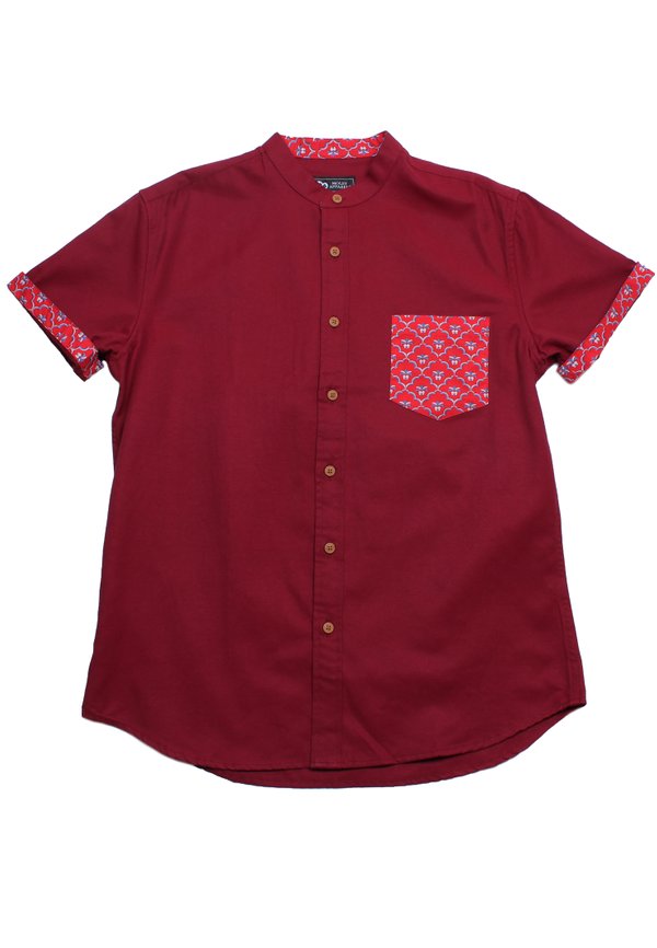 Pineapple Oriental Print Pocket Mandarin Collar Short Sleeve Men's Shirt RED