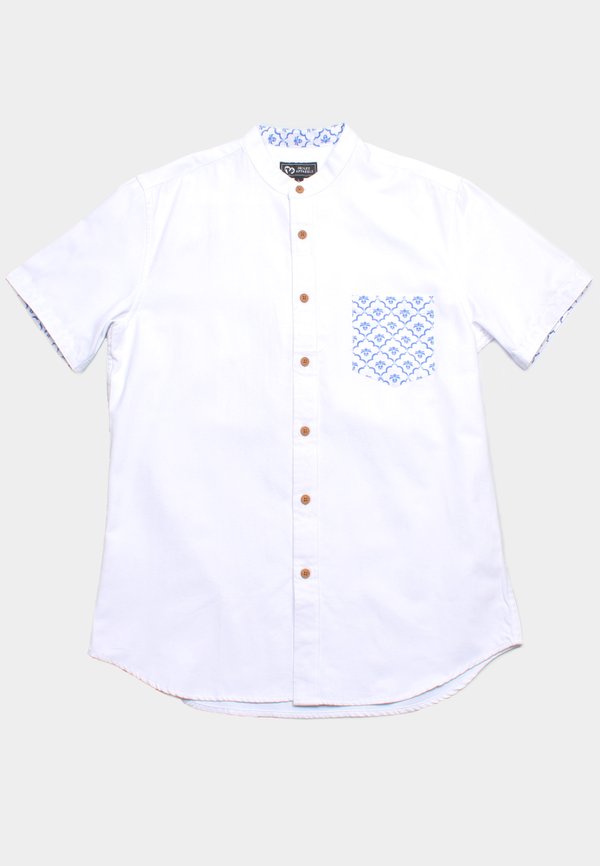 [PRE-ORDER] Pineapple Oriental Prints Print Pocket Mandarin Collar Short Sleeve Men's Shirt WHITE