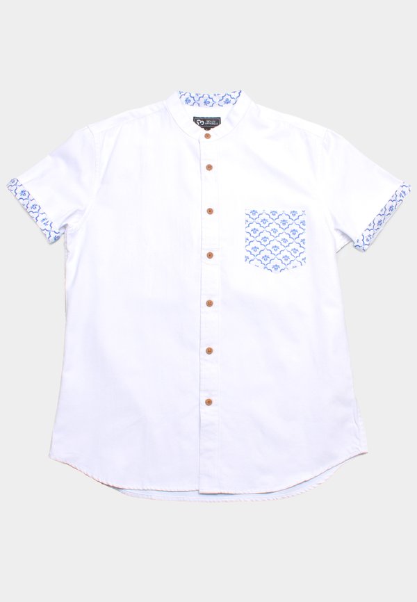 Pineapple Oriental Print Pocket Mandarin Collar Short Sleeve Men's Shirt WHITE