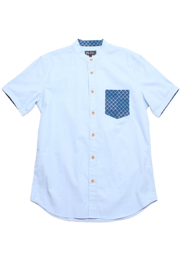 [PRE-ORDER] Kueh Bangkit Print Pocket Mandarin Collar Short Sleeve Men's Shirt BLUE