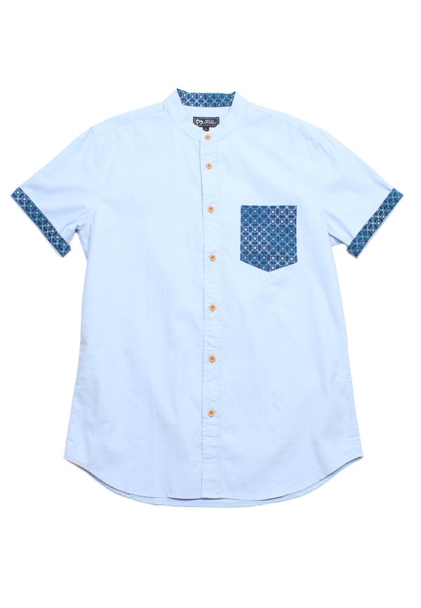 [PRE-ORDER] Kueh Bangkit Print Pocket Mandarin Collar Short Sleeve Men's Shirt BLUE