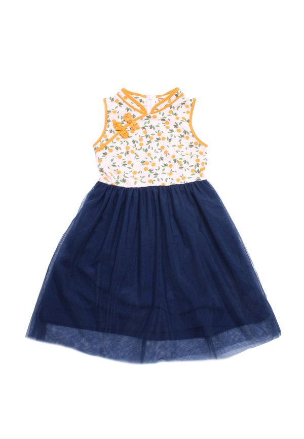 Orange Print Girl's Cheongsam Inspired Bubble Dress NAVY