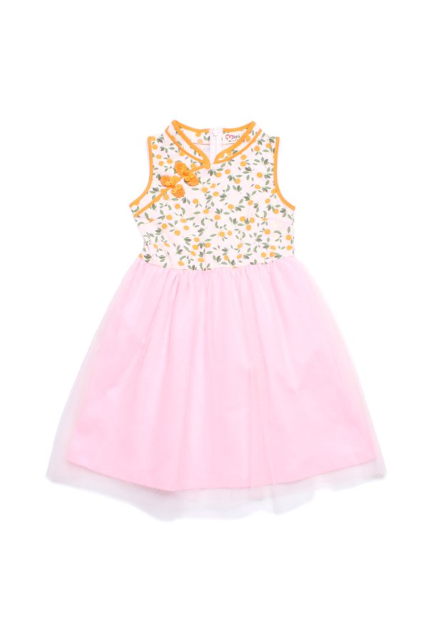 Orange Print Girl's Cheongsam Inspired Bubble Dress PINK