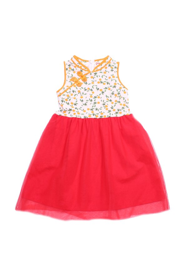 Orange Print Girl's Cheongsam Inspired Bubble Dress RED