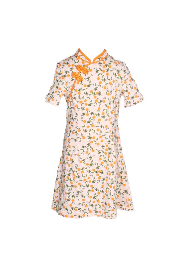 Orange Print Cheongsam Inspired Girl's Dress PINK