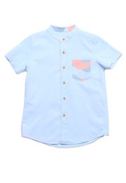 Wave Pocket Mandarin Collar Short Sleeve Boy's Shirt BLUE