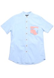Wave Pocket Mandarin Collar Short Sleeve Men's Shirt BLUE
