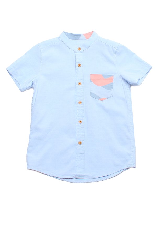 Wave Pocket Mandarin Collar Short Sleeve Boy's Shirt BLUE