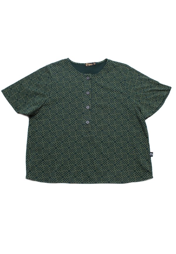 Sashiko Square Button Top Ladies' Blouse GREEN
