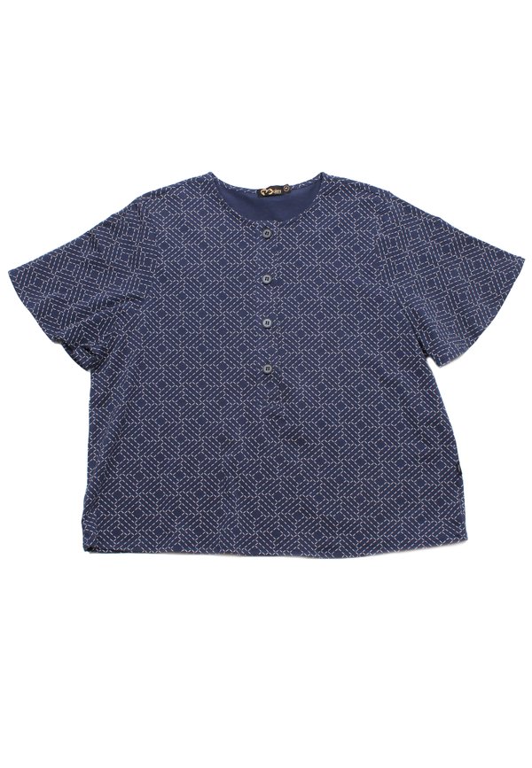 Sashiko Square Button Top Ladies' Blouse NAVY
