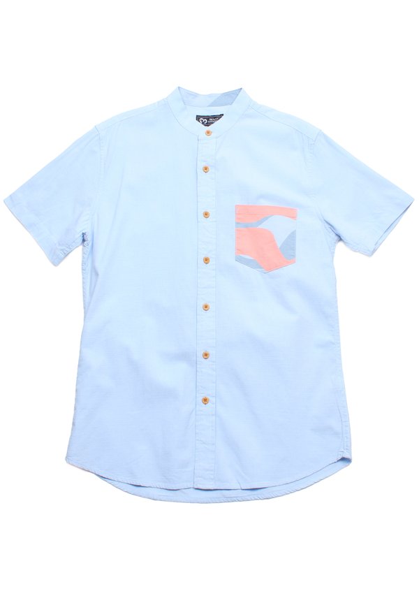 Wave Pocket Mandarin Collar Short Sleeve Men's Shirt BLUE