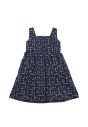 Design Patterned Tweed Linen 2 Square Neck Girl's Dress NAVY
