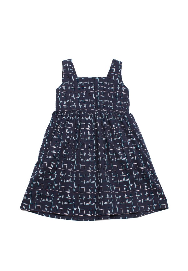 Design Patterned Tweed Linen 2 Square Neck Girl's Dress NAVY