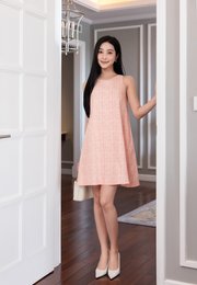 Patterned Design Tweed Linen Ladies' Shift Dress PINK