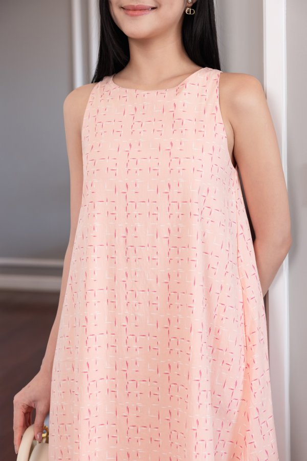 Patterned Design Tweed Linen Ladies' Shift Dress PINK