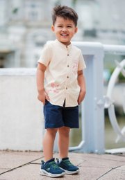 Chinoiserie Prints Mandarin Collar Short Sleeve Boy's Shirt CREAM