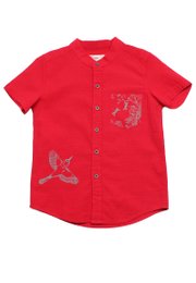 Chinoiserie Prints Mandarin Collar Short Sleeve Boy's Shirt RED