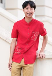 Chinoiserie Prints Mandarin Collar Short Sleeve Boy's Shirt RED