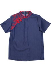 Sakura Embroidery Cheongsam Classic Ladies' Blouse NAVY